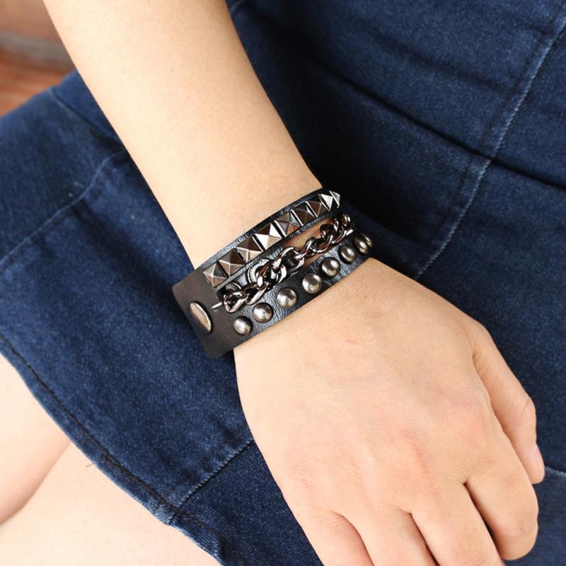 Multilayers Rock Spike Rivets Chain Bracelet Gothic Punk Wide Cuff Leather Bracelet Bangle Fashion Bracelet Jewelry