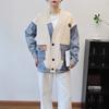 Splicing denim knitted double-sided woolen cardigan autumn and winter new loose design sweater jacket women