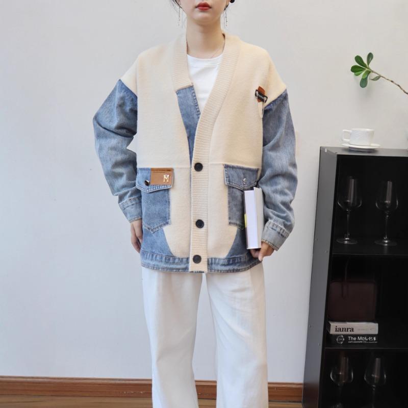 Splicing denim knitted double-sided woolen cardigan autumn and winter new loose design sweater jacket women