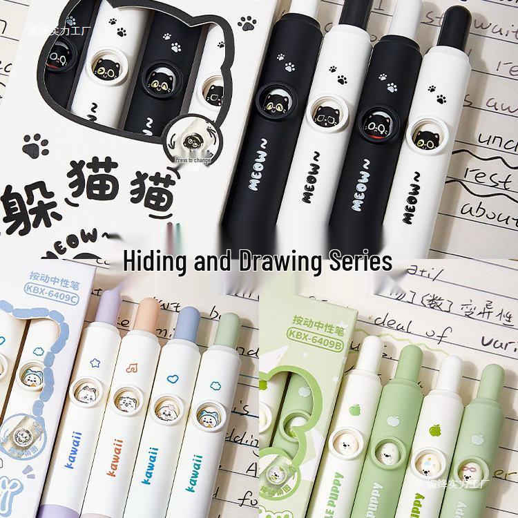 Adorable Cat Face-Changing Pen: Creative Q&A Wind-Up Head Pen, Perfect for Primary Students - Black Ink, Pack of 20