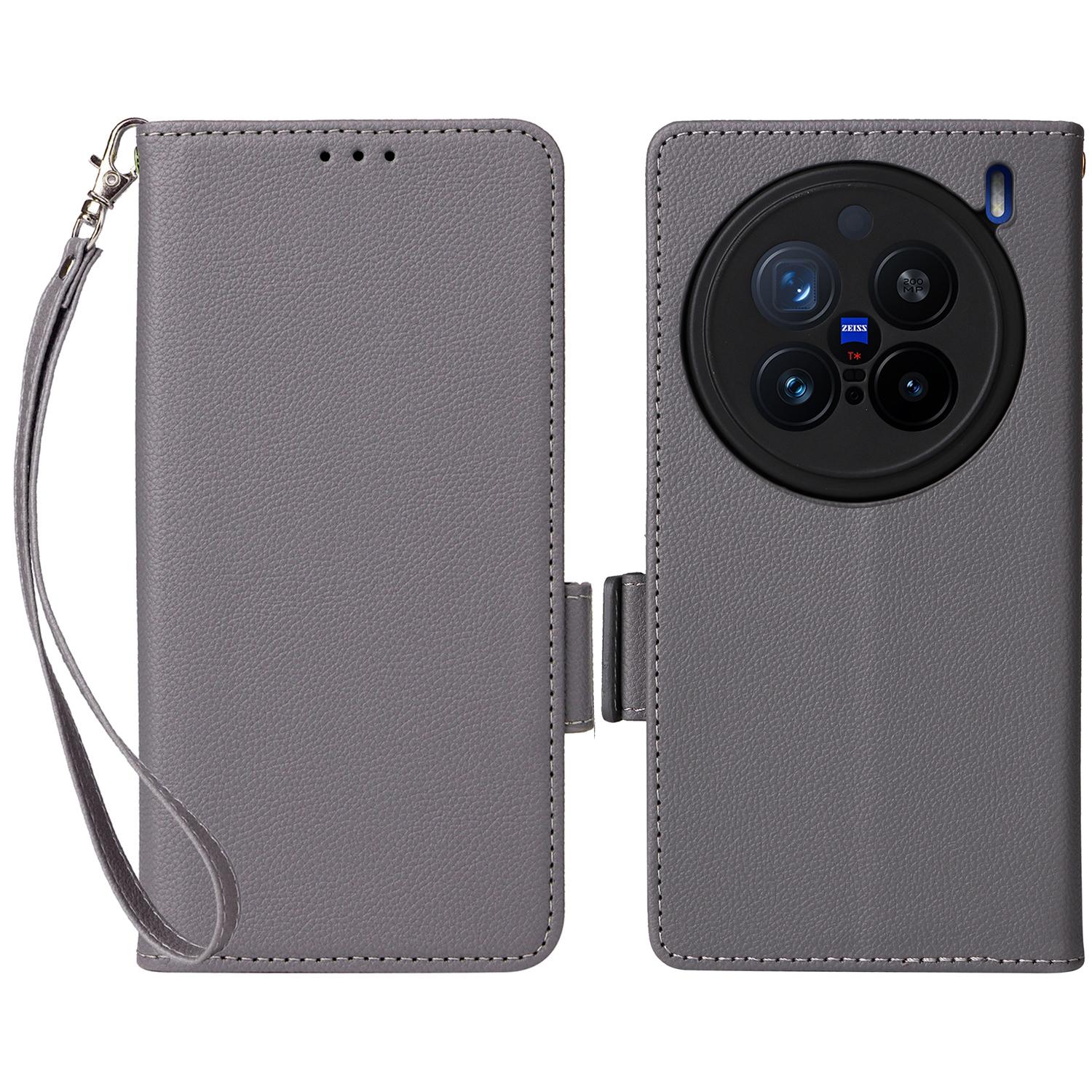 

Чехол для vivo X200 Pro 5G с ремешком на запястье, текстура личи, кошелек из ПУ кожи, чехол для телефона Grey
