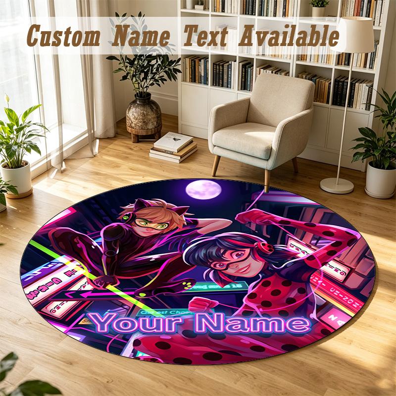 Round Rug Custom NameMiraculous Ladybug Pattern Non Slip Carpet Home Floor Decor