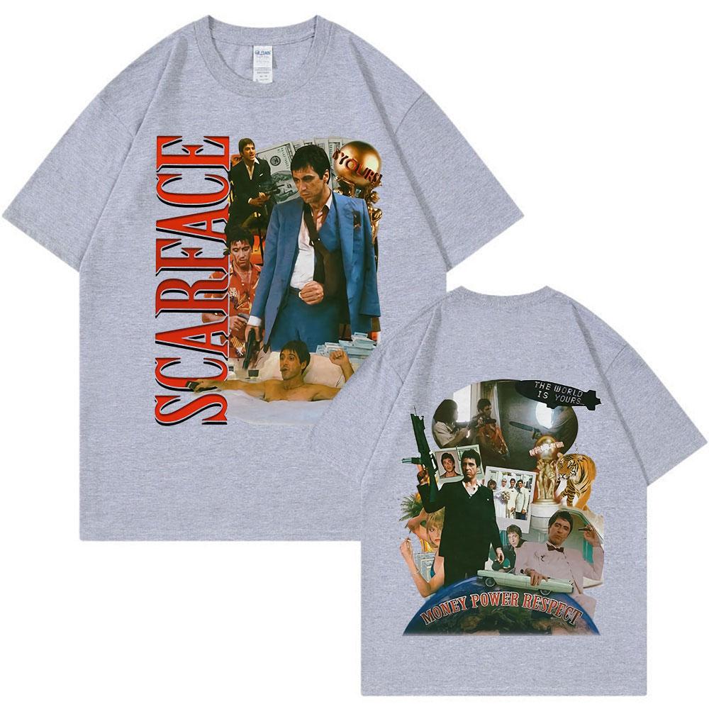 Vintage 90s Movie Scarface Al Pacino Tony Montana T-shirt Double Sided Graphic Print Oversized T-shirts Hip Hop Punk Streetwear