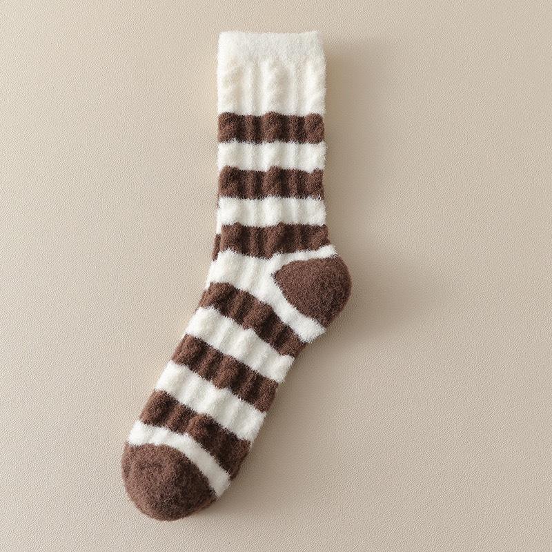 Plush socks women's autumn and winter Maillard color warm plush thickened plush striped medium tube socks home sleeping socks
