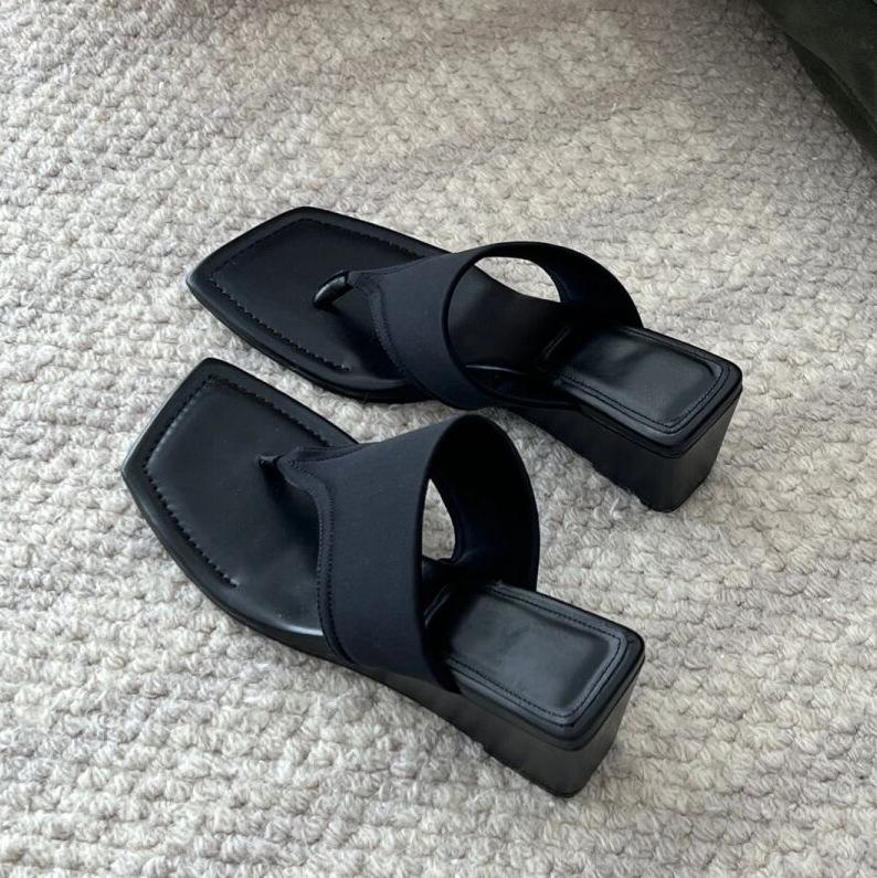 

Sheepskin version~ Genuine leather wedge heel high-heeled flip-flops women s summer pinch foot thick-soled half-slippers premium cool slippers 40