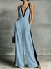2026 Summer Women's V-neck Sleeveless Color Block Strappy Wide-leg Jumpsuit