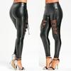 Kadın Moda PU Deri Tayt Samp Sıkı Goth Fishnet Dantel Up Hollow Out Punk Gotik Elastik Sıkı Kalem Pantolon