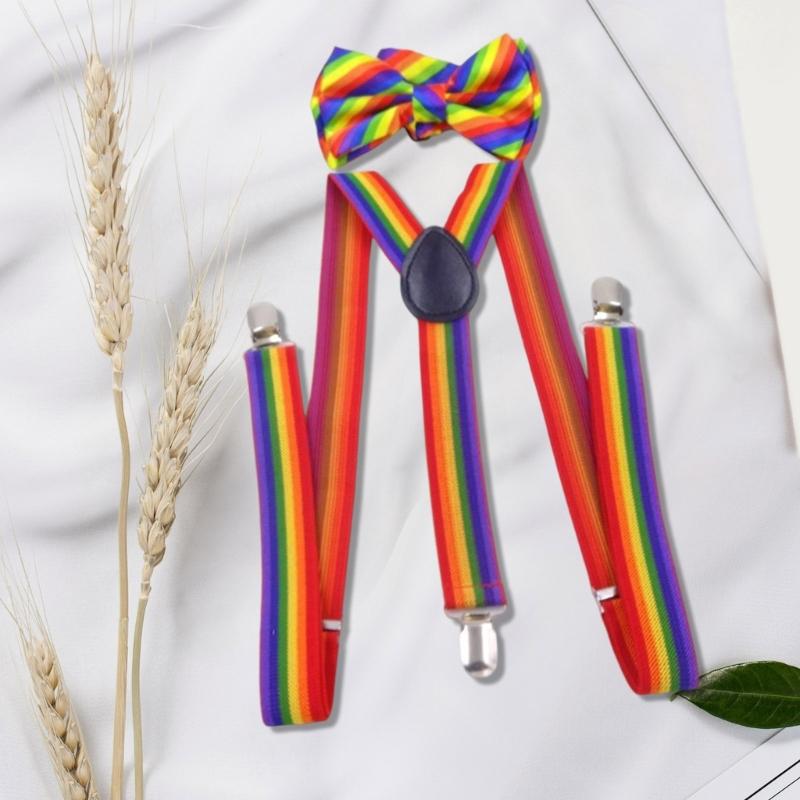 Zestaw Tęczowych Szortów i Muszki Kostiumowe Szelki Dla Dzieci Dorosłych Impreza Tematyczna Konkurs Tańca Akcesorium Do Przebierania