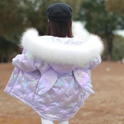 Abrigo de algodón brillante para niños, ropa de algodón con cuello de piel grande de longitud media, chaqueta acolchada gruesa y cálida de estilo coreano