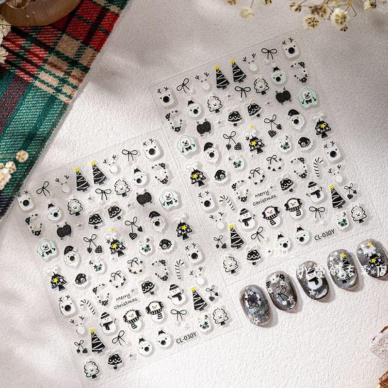 3D Christmas Waterproof Nail Stickers: Cute Puppy, Bow, Cartoon Snowman Design