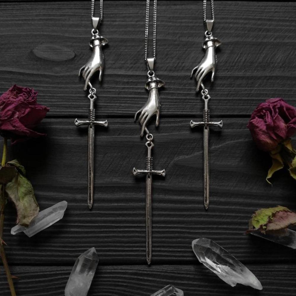 New Personality Gothic Sliver Color Hand Sword Cross Pendant Medieval Celtic Necklace for Women Men Collar Chain Jewelry Gifts