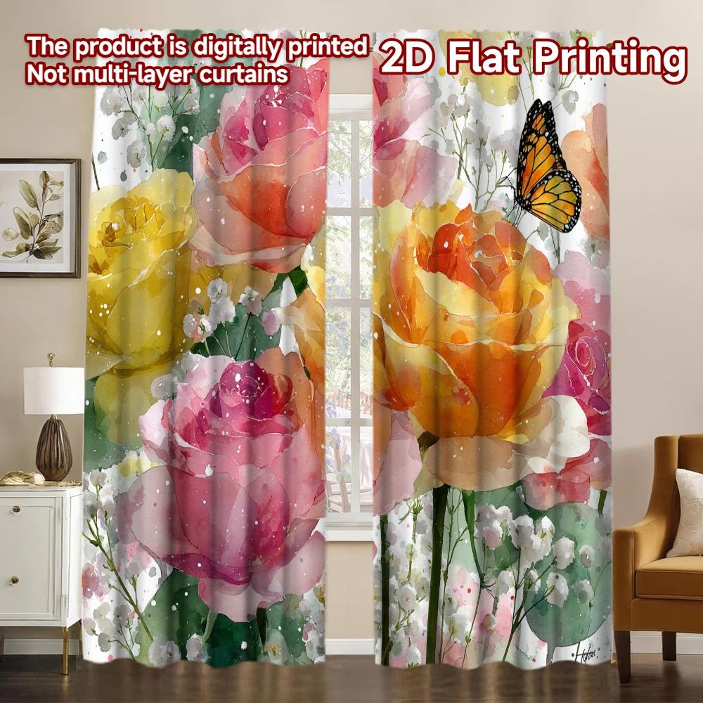 

2D FLAT PRINTING 2pcs Curtains (Without Rod) Floral Design with Butterflies Modern Curtain Modern Versatile Fabric Curtains 100*130 Rod Pocket 1pcs
