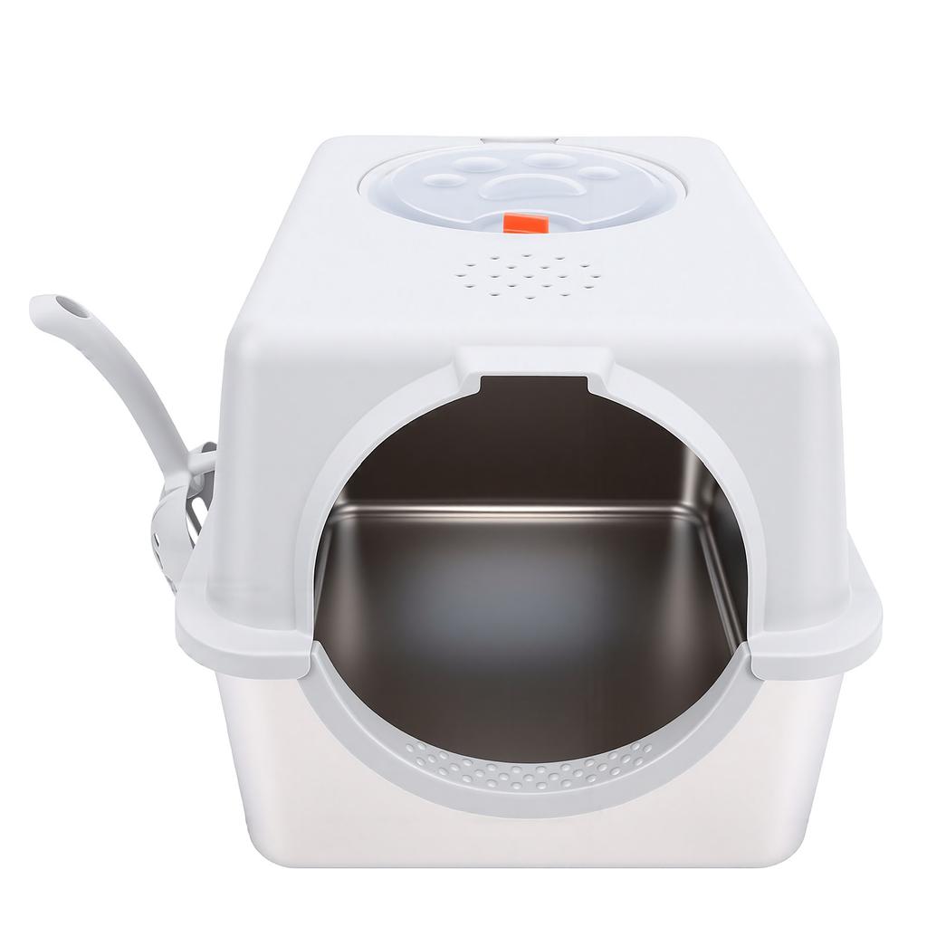 Cat Litter Box Enclosed Large Stainless Steel Base Easy Clean Mess Proof Odor Control Resist Design Dual Entry Options with Scoop