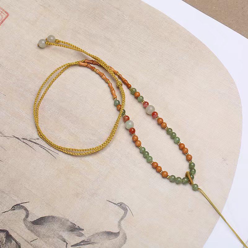 Hand-Knotted Adjustable Sandalwood & Hetian Jade Beaded Necklace Lanyard