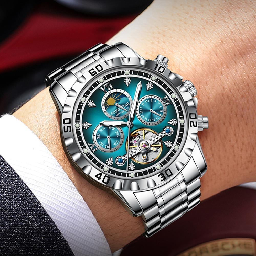 POEDAGAR Fashion Luxury Men Watch Automatic Date Week Man Wristwatch Hollow Tourbillon Mechanical Stainless Steel Men's Watches