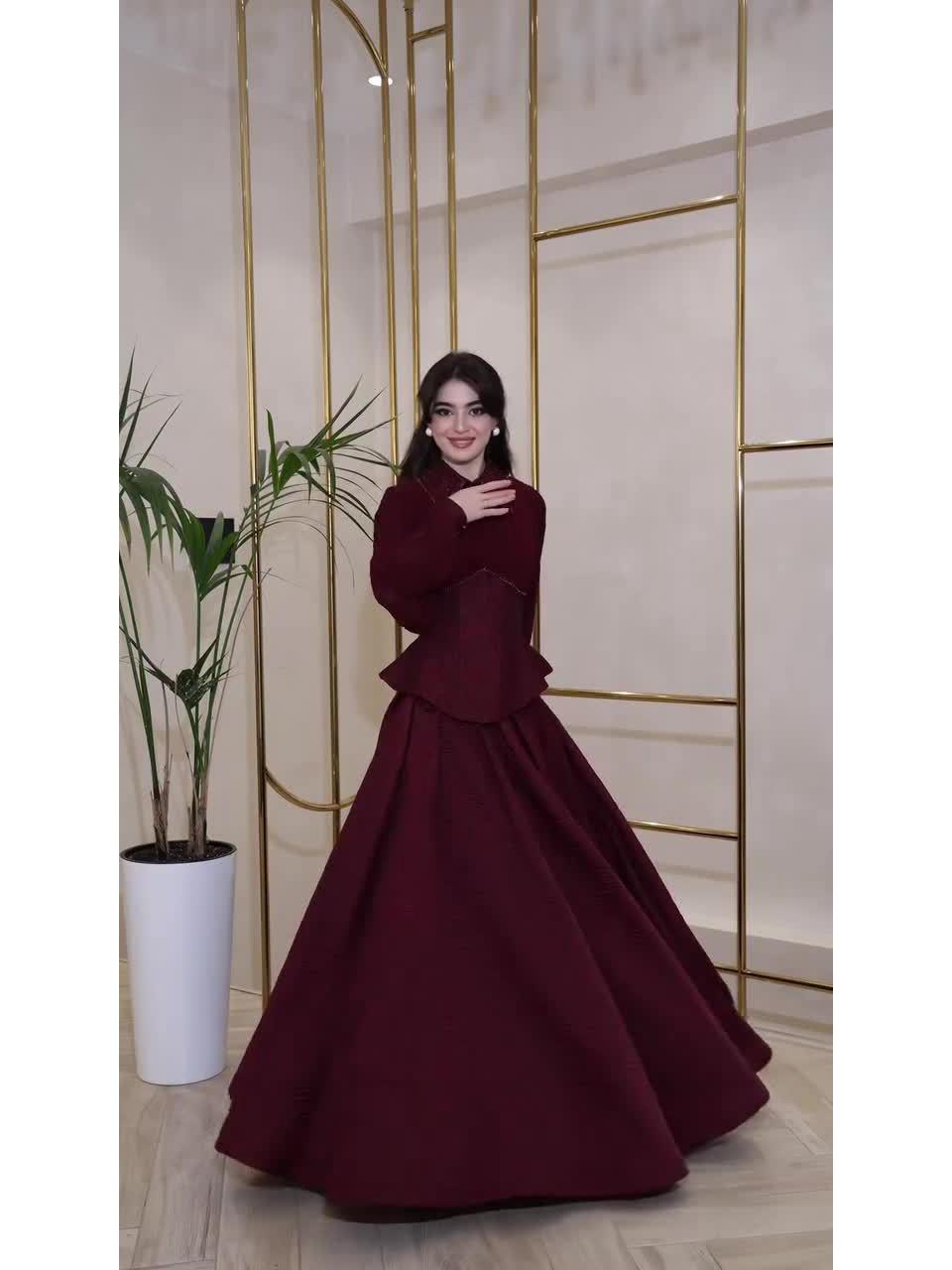 

Элегантное платье макси с длинным рукавом в стиле ретро-дворца для женщин, осень 2025 S вино красного