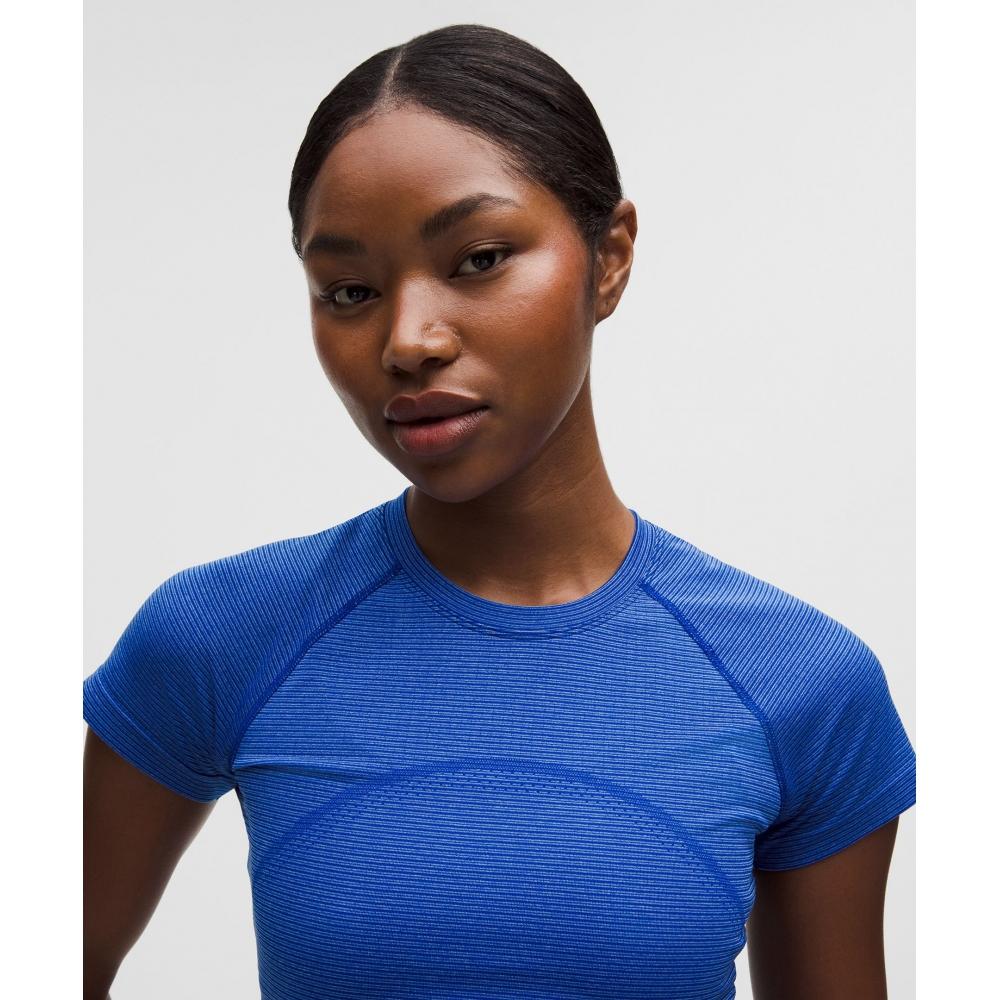 Lululemon Swiftly Tech Cropped Short Sleeve Shirt 2.0 Spandex Stripe Riverside Starch Blue