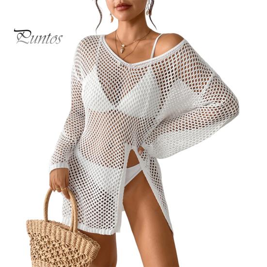 

Женская пляжная накидка с V-образным вырезом и длинным рукавом, боковыми разрезами, защита от солнца. Свободный крой, прозрачное прикрывающее платье белый