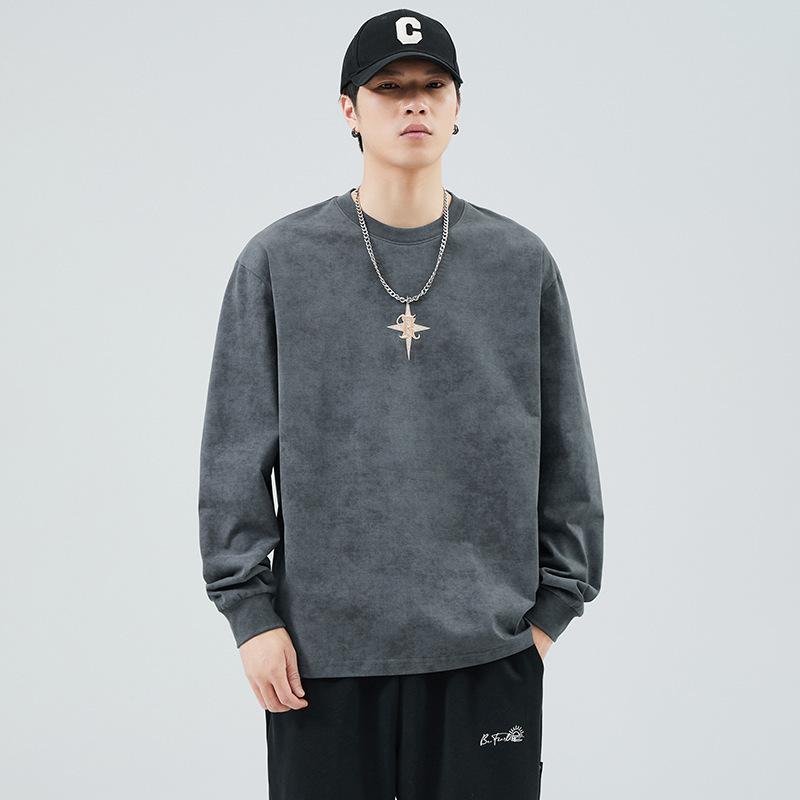 

Весна и Осень Новая Американская Трикотажная Мужская Футболка Свободного Кроя с Длинными Рукавами Высокой Плотности 4XL серый