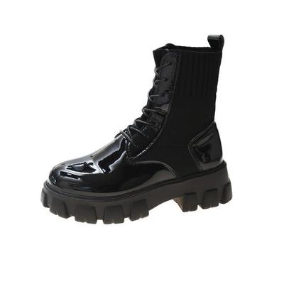Fashion Women Boots Fashion Sock Patent Leather Black Booties Shoes Platform Flat Motorcycle Knitting Boots Women 2024 New