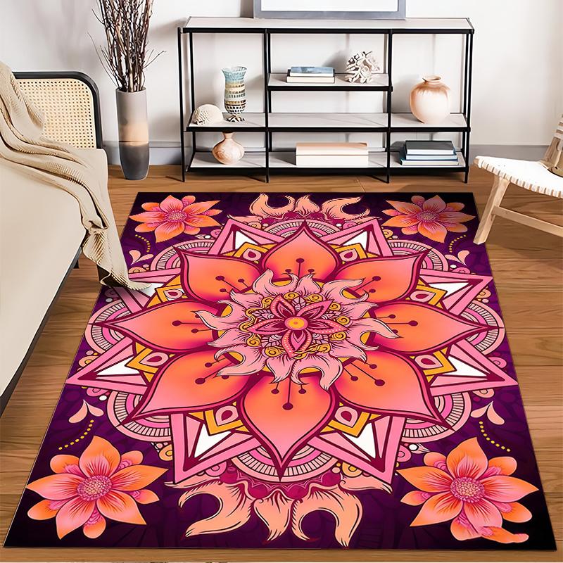 Bohemian Mandala Pattern Carpet with Pink Floral Design, Home Decor Suitable for use as an anti-slip for living room bedroom sofas