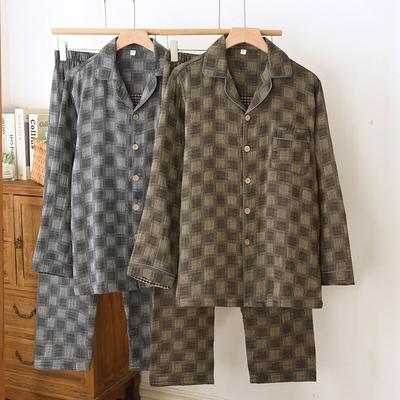 Men's Cotton Pajama Set Nightwear Long Sleeve Tops Pants Pajama Sets Soft Plaid 2 Piece Button Down Lounge Set for Men Lapel Comfortable Sleepwear