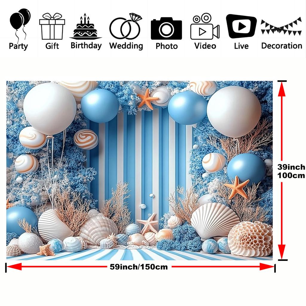 1 2D party background with an ocean theme, decorated in a beach holiday style, featuring shells, starfish and balloons