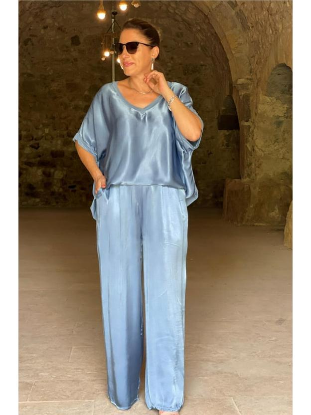 

European and American 2026 V-Neck Short-Sleeve Casual Wide-Leg Pants Set Small світло-синій колір