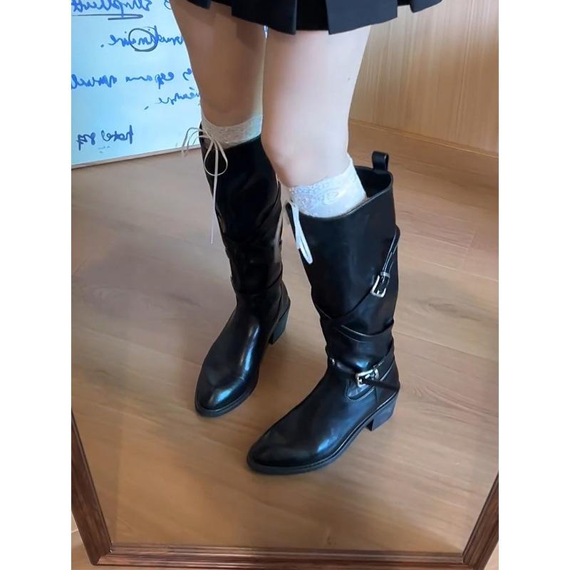 Cowhide version~ long boots women's retro thick heel leather thin knight boots wide tube crossed pointed but knee locomotive boots