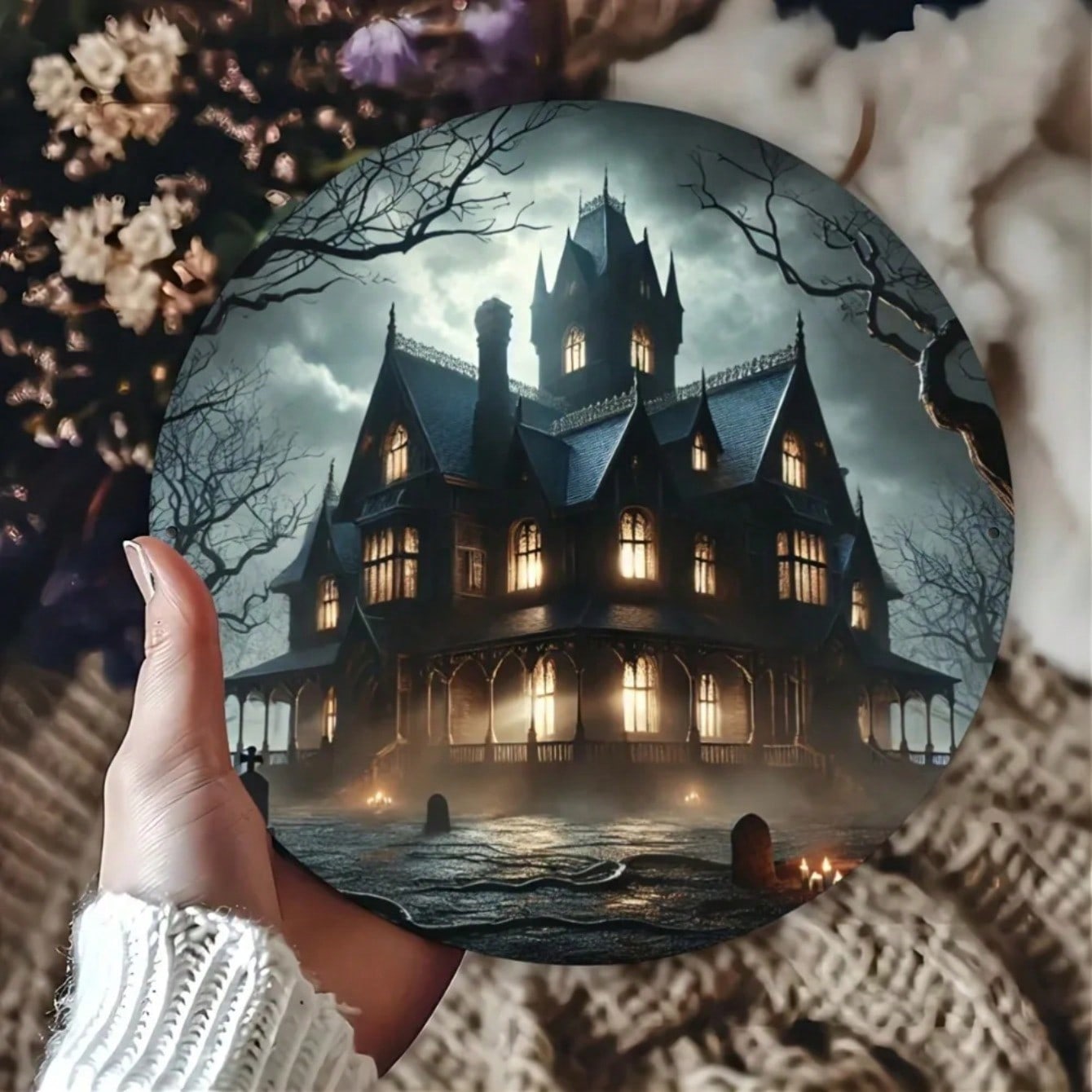 Halloween Iron Wall Art Spooky Castle Round Metal Sign Bar Cafe Decor