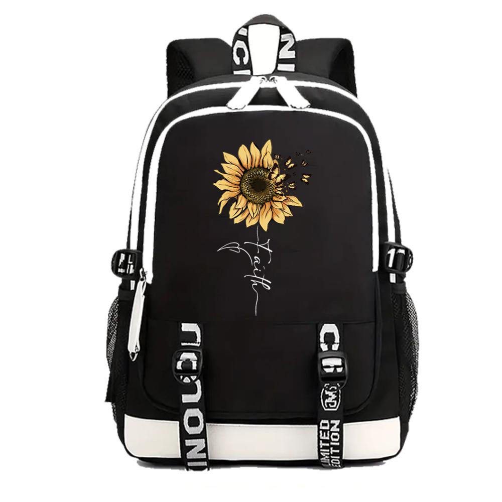 Sunflower & Butterfly Print Backpack Popular Women Girls Fashion Travel Backpacks Outdoor School Bag