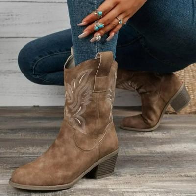 Cizme occidentale clasice pentru femeie din piele intoarsa de vaci cu varf ascutit Cizme cu toc la glezna Cizme simple confortabile de cowboy pentru femei