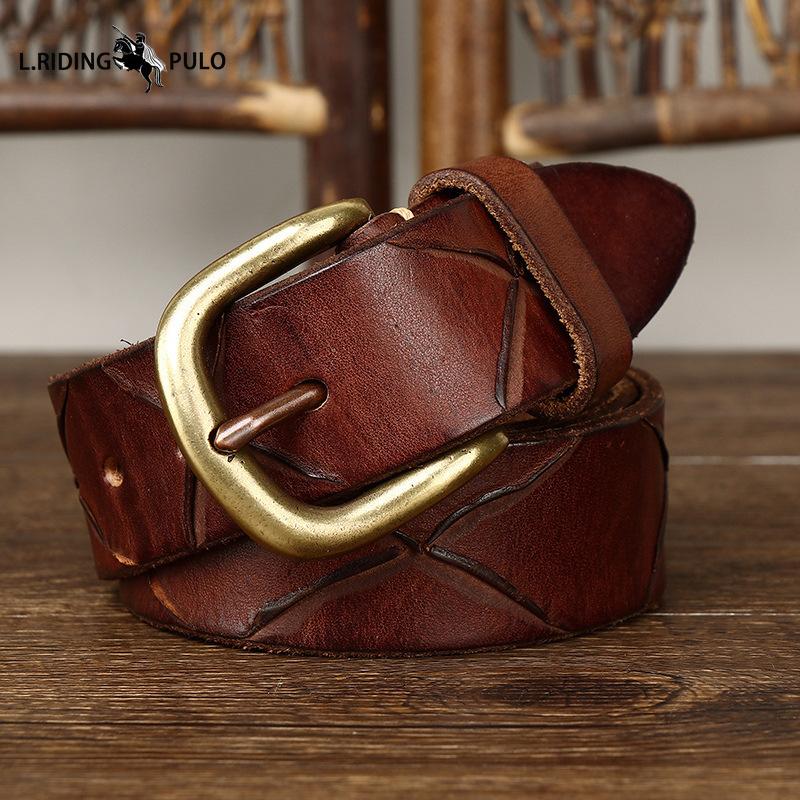 Cintura da Uomo in Pelle con Motivi Dipinti a Mano, Fibbia ad Ardiglione in Vera Pelle, Elegante Cintura Coreana in Pelle di Mucca