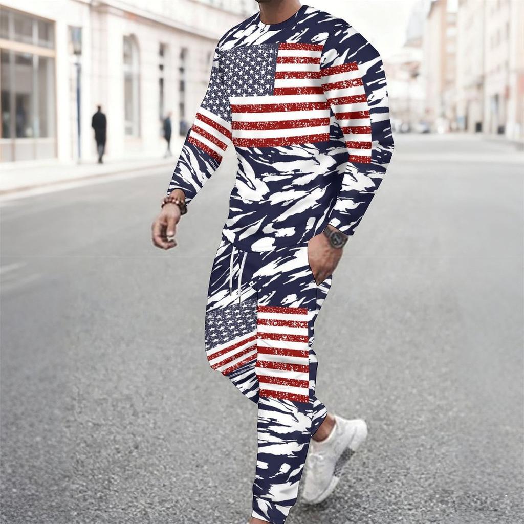 Men Sunflower Skull Flag Print Long Sleeve Sweatshirt And Drawstring Jogger Pants Casual Two Piece Streetwear Outfit
