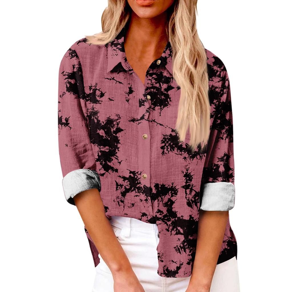 Women's Loose Floral Print Stand Collar Long Sleeve Cotton And Linen Top