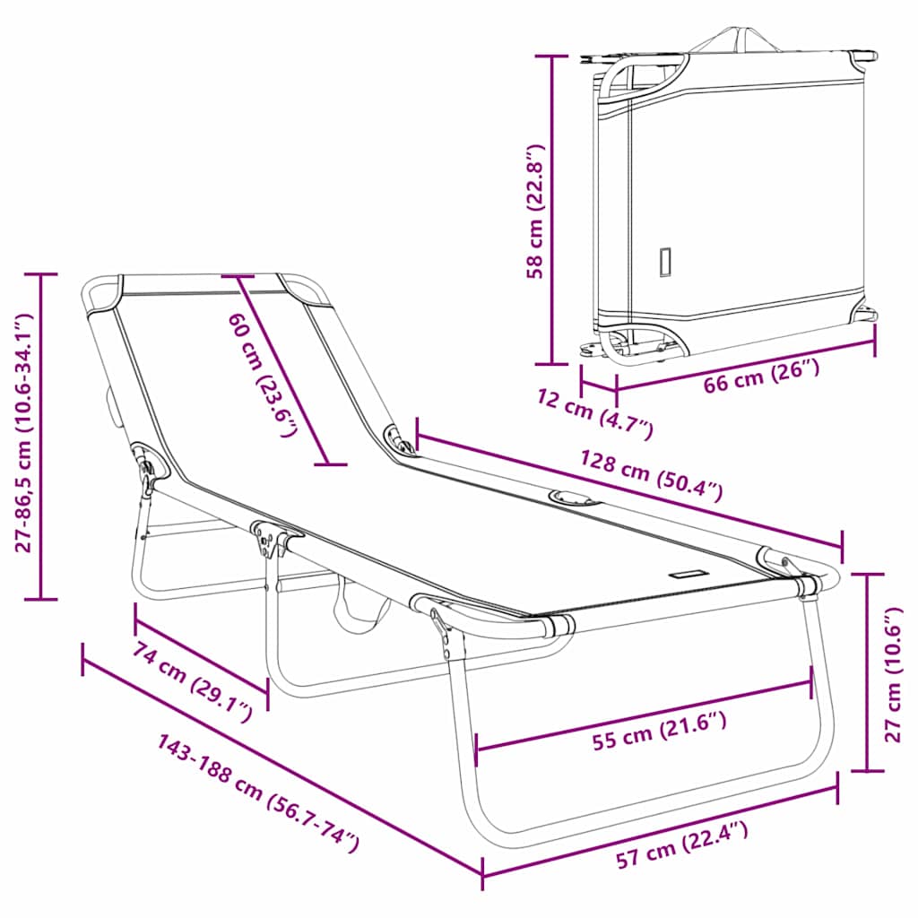 Folding Sun Lounger Black 188 X 57 X 86.5 Cm Polyester
