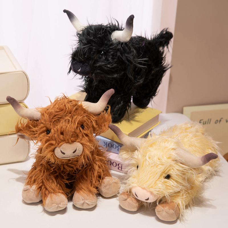 Pretty Wild Highland Cattle Plush Toys Fluffy Long Hair Lifelike Cattle Doll Funny Sit&Stand&Lying Pose Animal Doll Desktop Pets