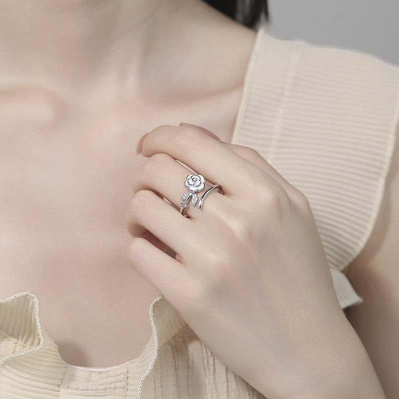 French Sweet Dripping Camellia Open Ring Women'S Niche Design High-End Rose Plain Ring Index Finger Ring