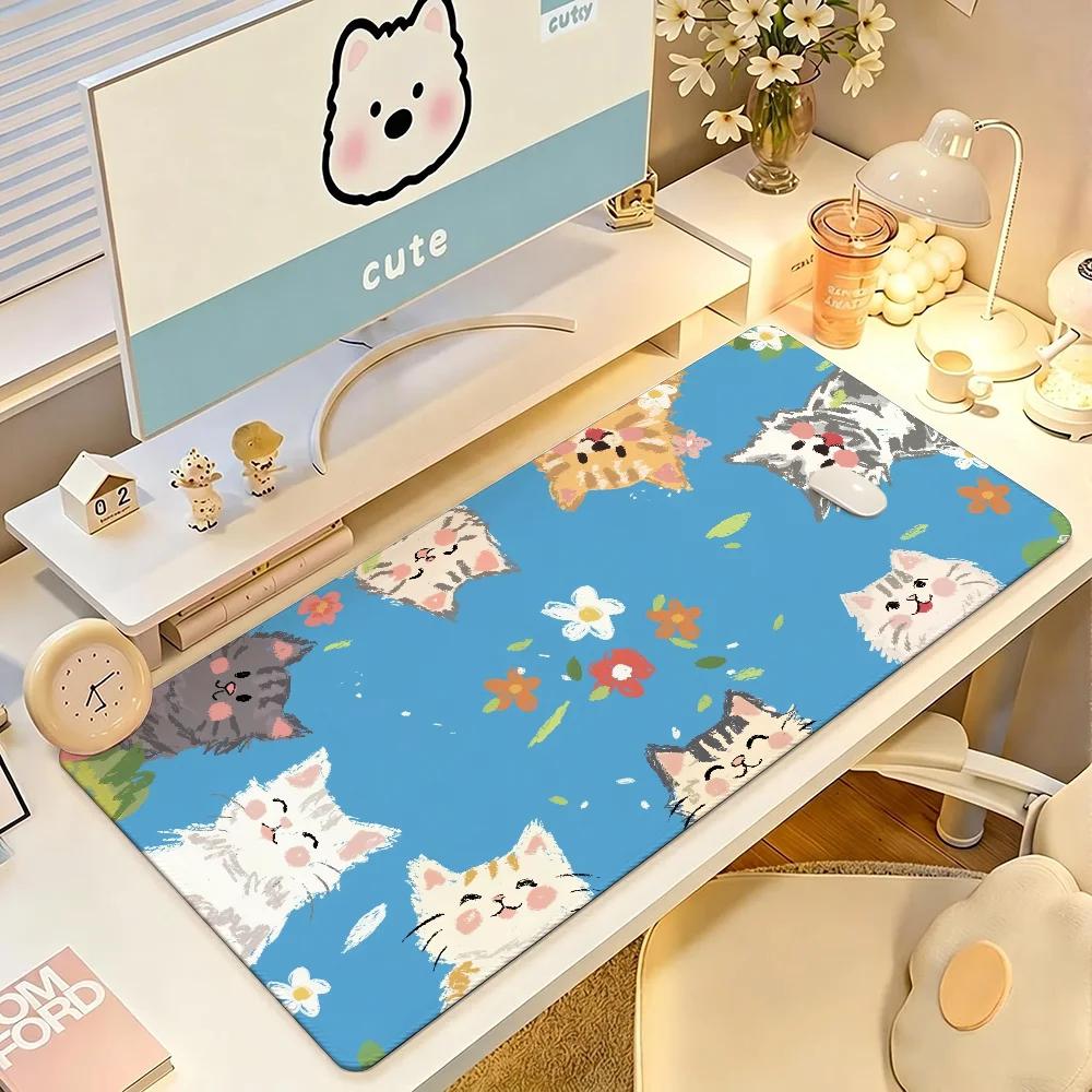 Cute Cat Mouse Pad Large Nonslip Waterproof Mat Stitched Edge Keyboard Pad For Gaming Daily Office