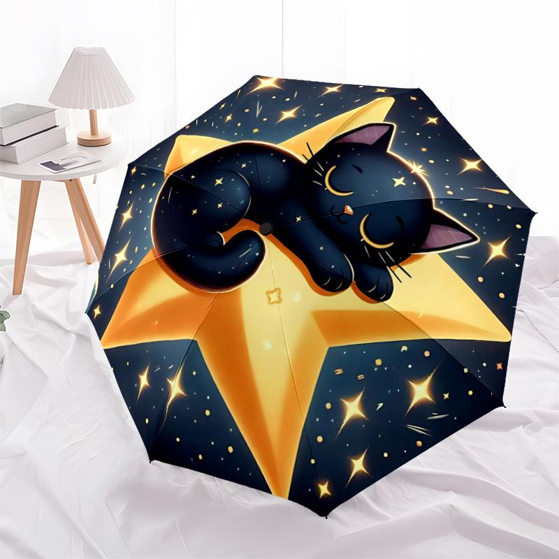 1pc Starry Night Cat Automatic Open/close Umbrella, 8-Rib sturdy structure, Portable Travel Umbrella, Parties, Everyday Use, 11141