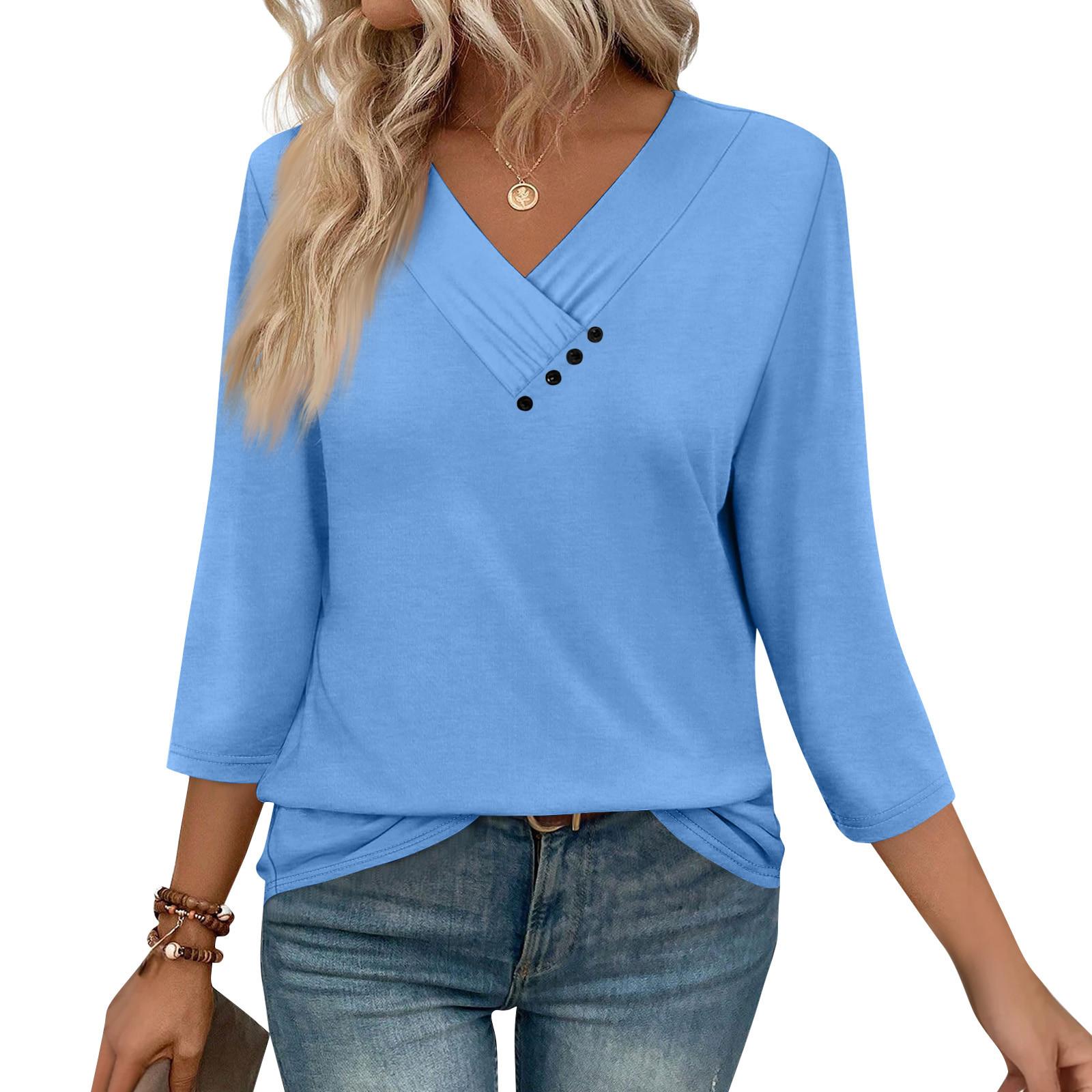 

Женские футболки с рукавом 3/4 для повседневной носки и выходных, с V-образным вырезом, повседневные, с принтом, свободного кроя, плиссированные, рубашки на пуговицах M