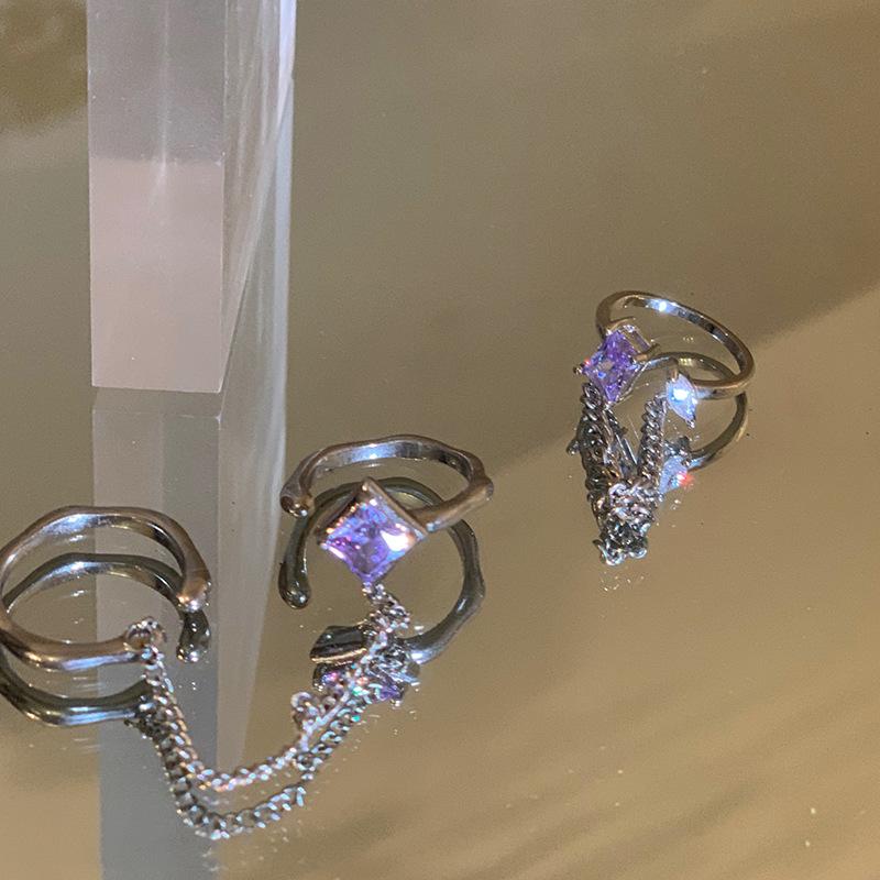 Niche Design High-End Geometric Square Inlaid Zircon Purple Chain Set Open Sweet Cool Wind Ring Women