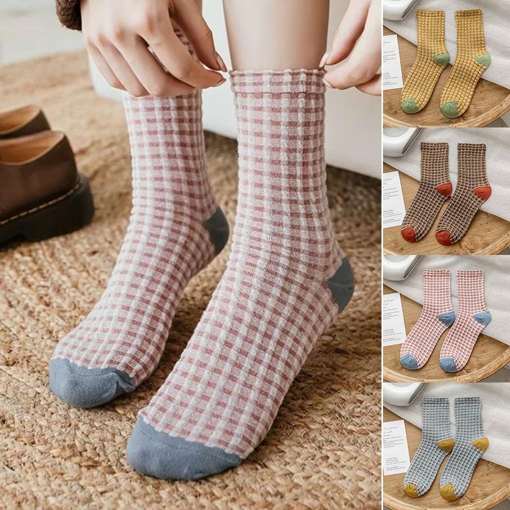 5 Pairs Knit Pattern Crew Socks Mid Calf Comfortable Daily Socks Cotton Socks Daily Casual