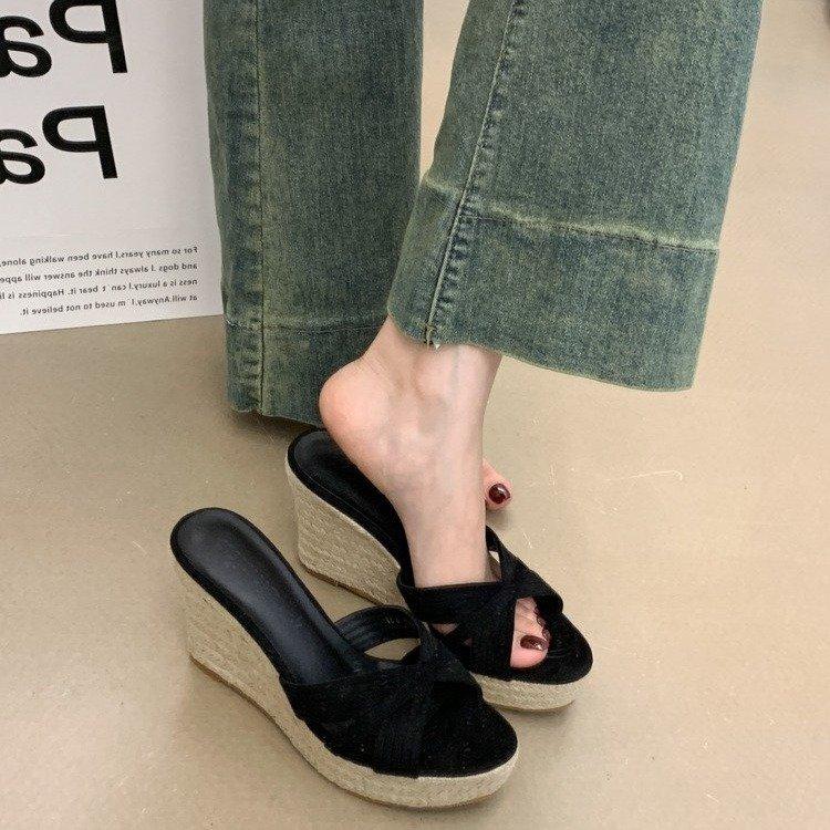 Wedge heel slippers women's new summer fashion outer wear woven hemp rope versatile high heel one-word slippers women