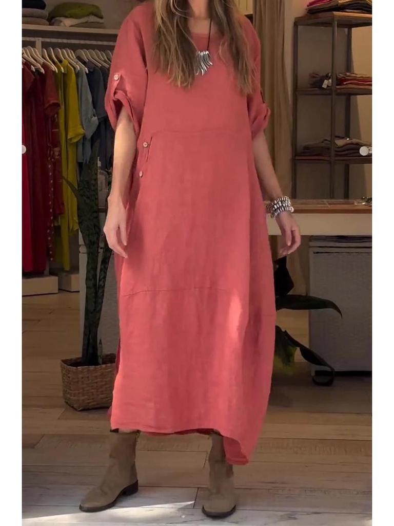 Vestido de Verano de Algodón y Lino para Mujer Europeo y Americano - Holgado, Color Sólido, Manga Corta Estilo Casual