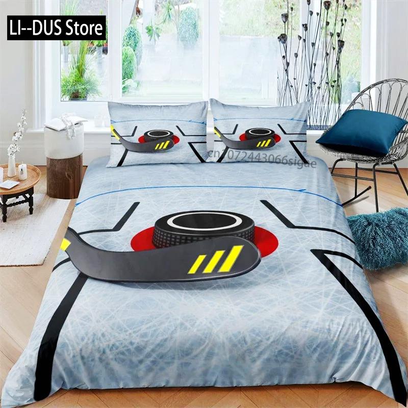 Kids Ice Hockey Duvet Cover Full Hockey Player Pattern Bedding Set Winter Sports Theme Quilt Cover for Youth Teen Boy Room Decor