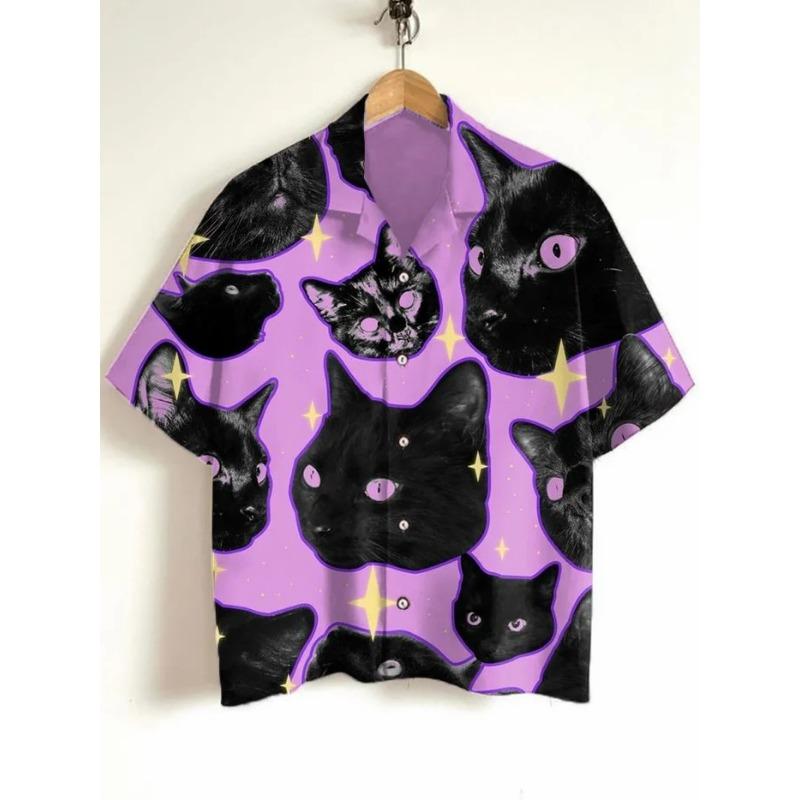 Herren Katzen Grafik Shirts Kurzarm Button-Down Revershemd für Sommer Übergroße Oberteile Urlaub Lässig Hawaiianhemden