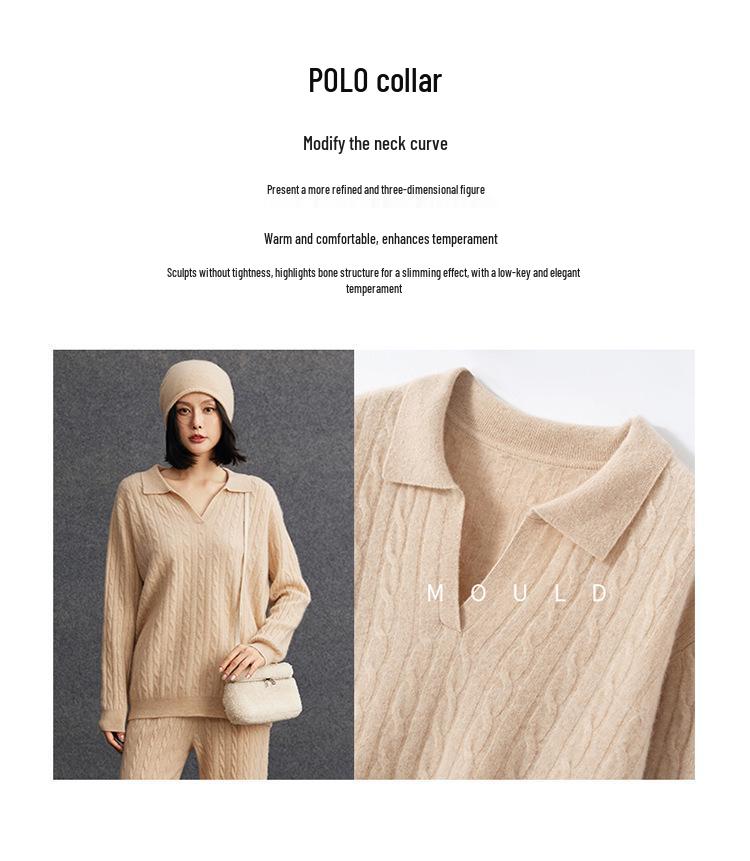 Autumn/Winter 2025 Women's Loose Cashmere V-Neck Cable Knit Sweater - Long Sleeve Pullover