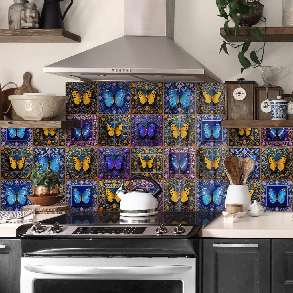 24 Pcs European Style Tile Wall Self-Adhesive Sticker Kitchen Bathroom Decorative Tile Stickers Glossy Crystal Wall Decals