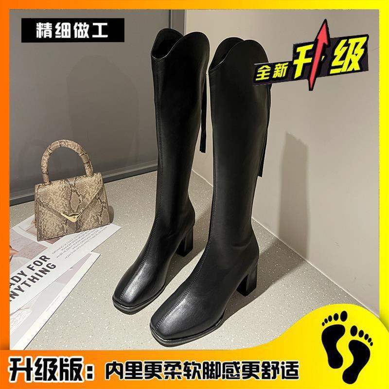 2025 autumn and winter new long boots women's but knee white high boots thick heel square head velvet knight boots thin boots